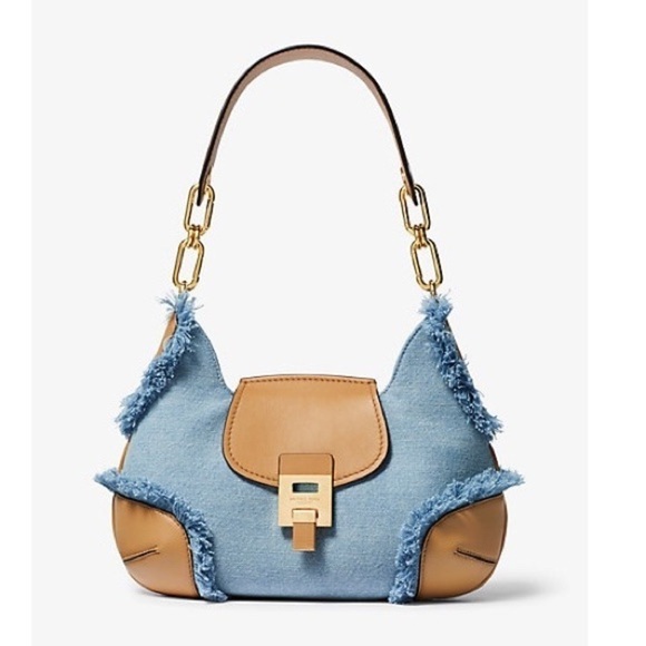 MICHAEL KORS collection BANCROFT MEDIUM denim FRAYED shoulder BAG - Picture 3 of 11
